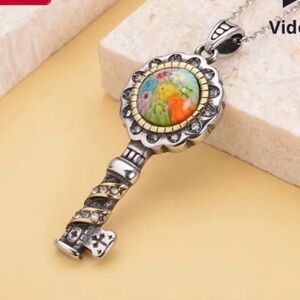Multi Color Murano Style, White Austrian Crystal Key Pendant Necklace